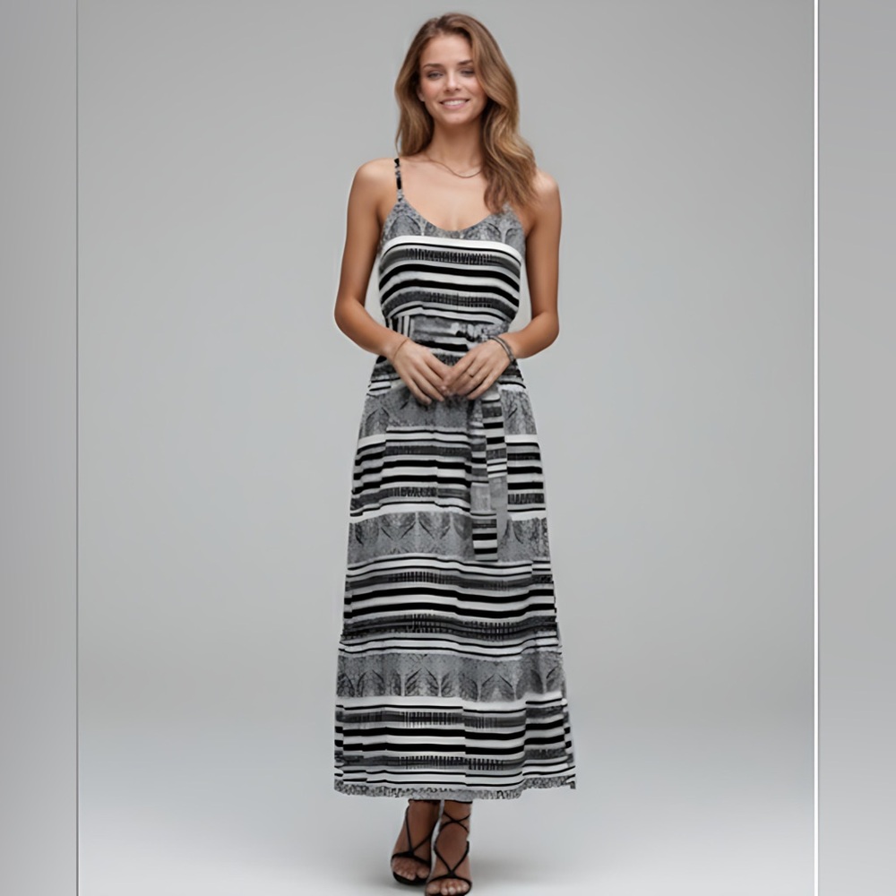 Black/White Boho Belted Knot Front Cami Dress